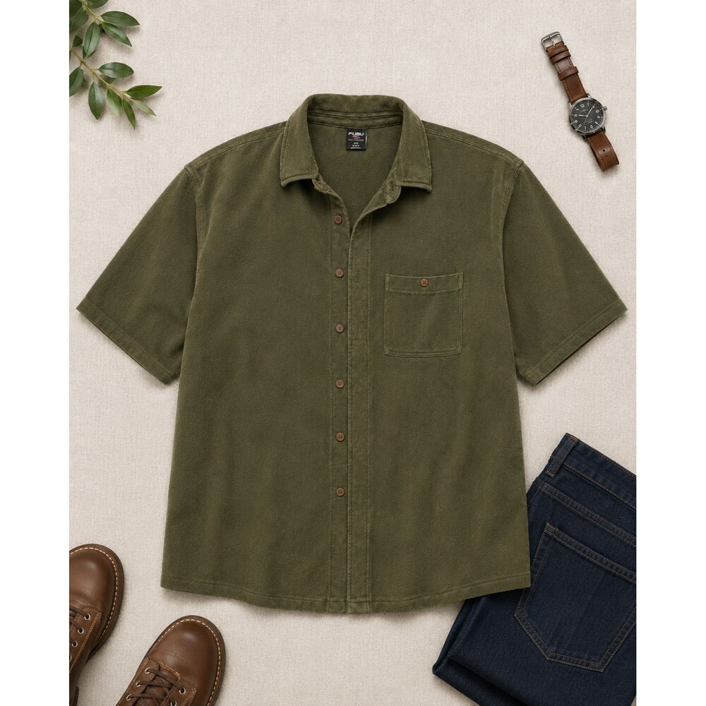 FUBU The Collection Men’s XXL Olive Green Cotton Short Sleeve Button Up Shirt